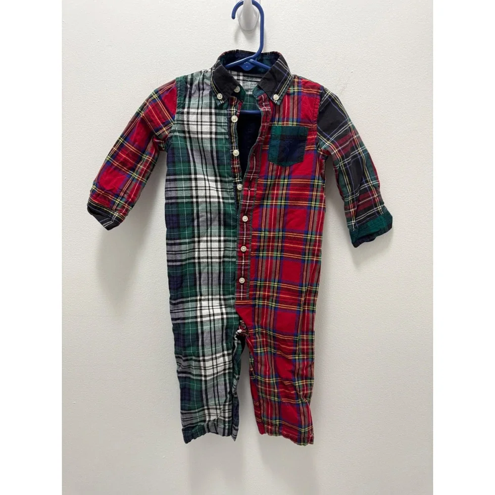 Ralph Lauren Kids Multi Color Patchwork Plaid Button Down Coverall 12M Holiday